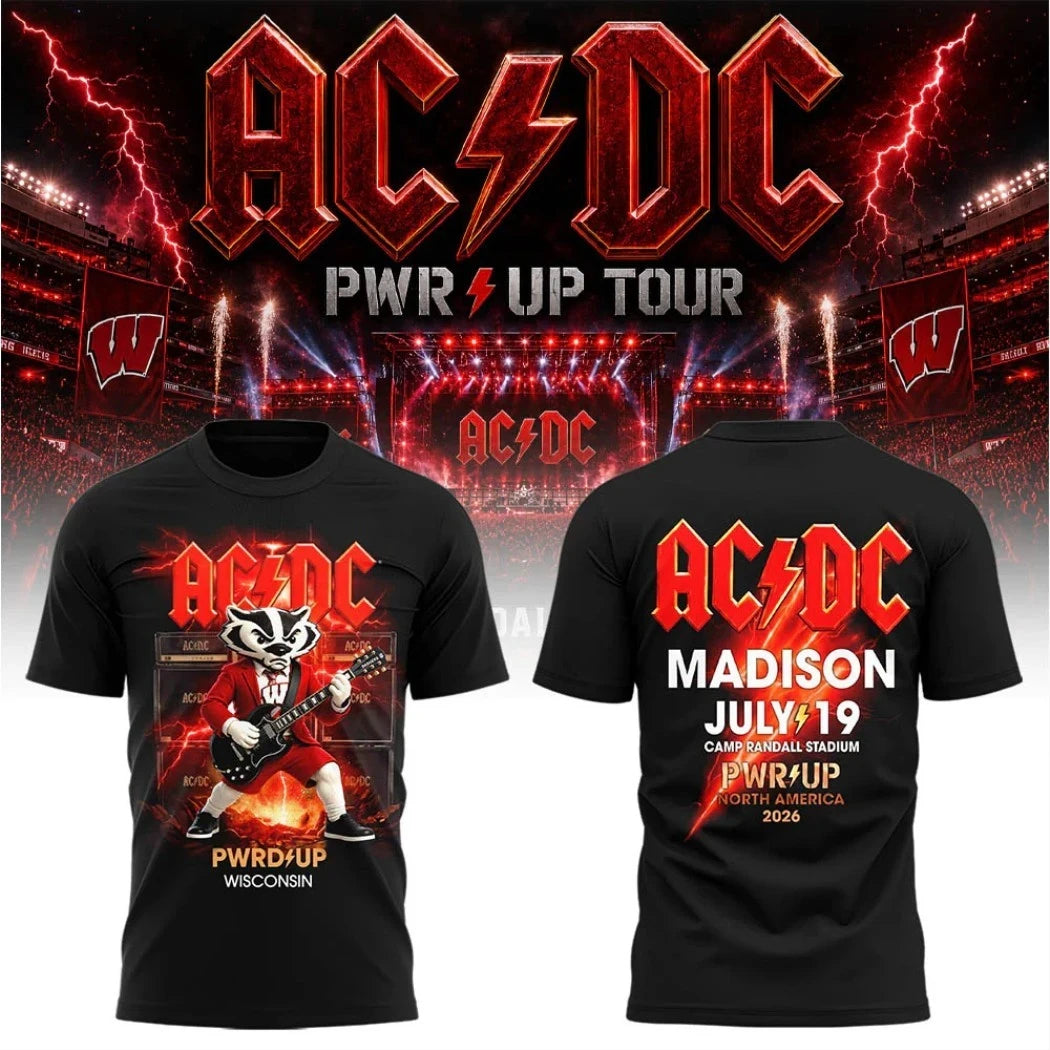 AC DC X Wisconsin Badgers Merch Power Up Tour 2026 Black T-Shirt Bucky Badger Guitarist Shirt - Merchluma