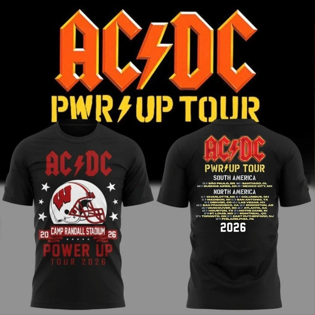 ACDC Wisconsin Badgers Helmet Camp Randall Stadium 2026 T-Shirt Black ACDC Power Up Tour Merch - Merchluma