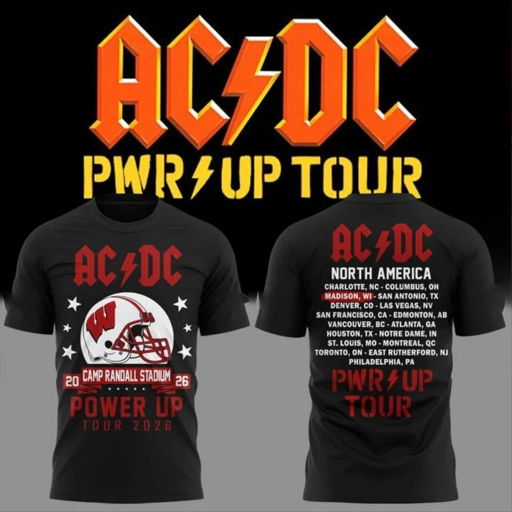 ACDC Wisconsin Badgers Merch Power Up Tour 2026 Black T-Shirt Camp Randall Stadium City Dates - Merchluma