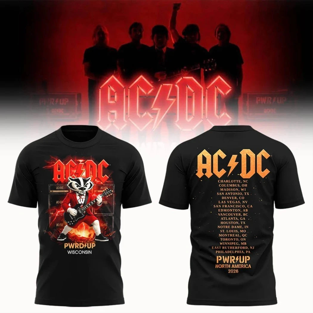 ACDC X Wisconsin Badgers Bucky Badger PWRUP Tour 2026 Cities List T-Shirt ACDC Concert Merch - Merchluma