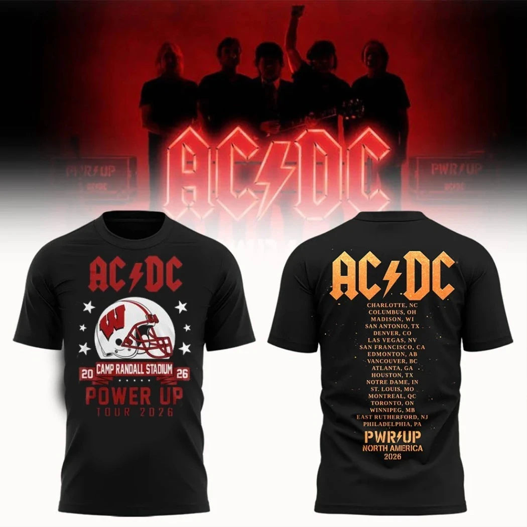 ACDC X Wisconsin Badgers Camp Randall Stadium PWRUP Tour 2026 Cities List T-Shirt Fan Apparel - Merchluma