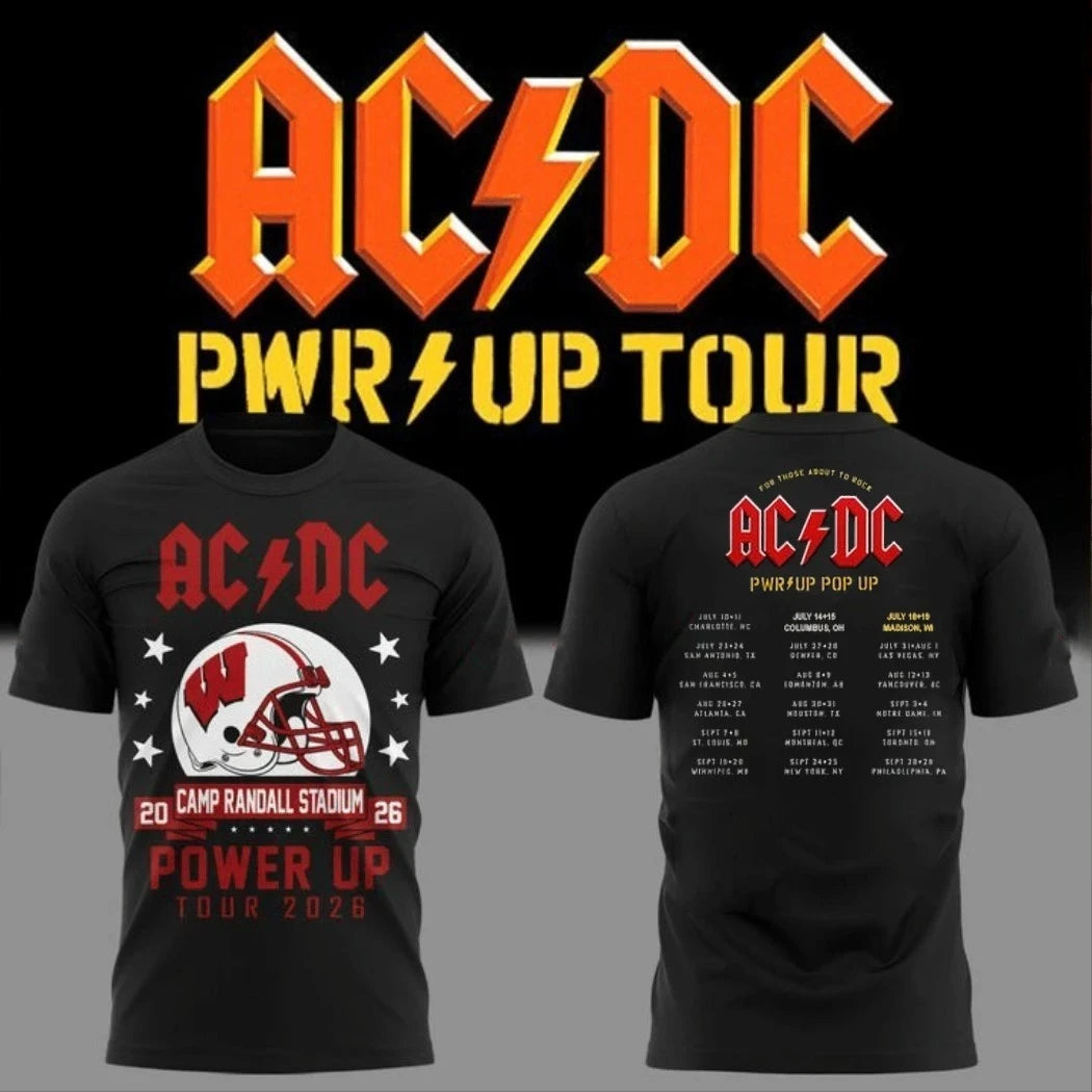 ACDC X Wisconsin Badgers Merch PWR UP Pop Up Tour 2026 T-Shirt Black ACDC Concert Merch For Fan - Merchluma