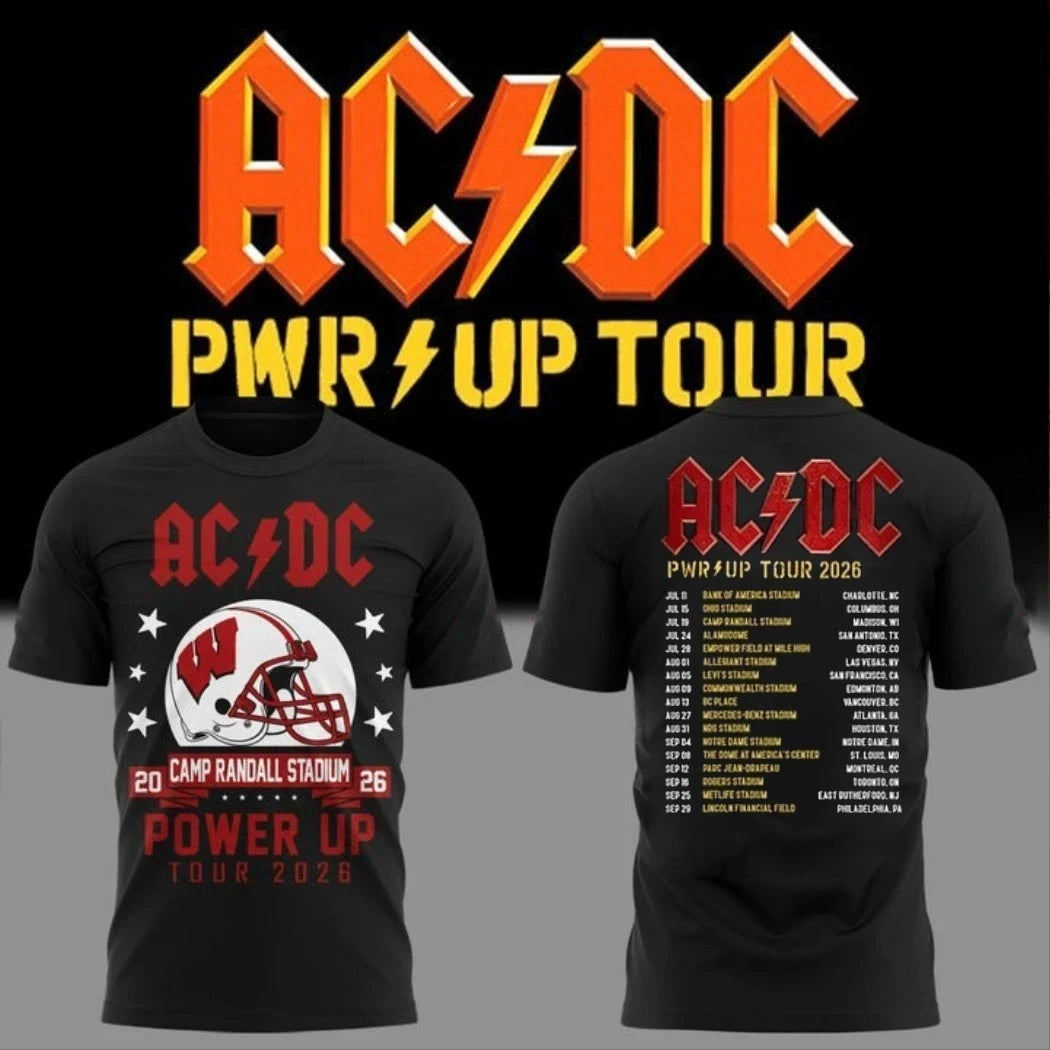 ACDC X Wisconsin Badgers Merch PWR UP Tour 2026 Schedule T-Shirt Black Gift For Band Fans - Merchluma