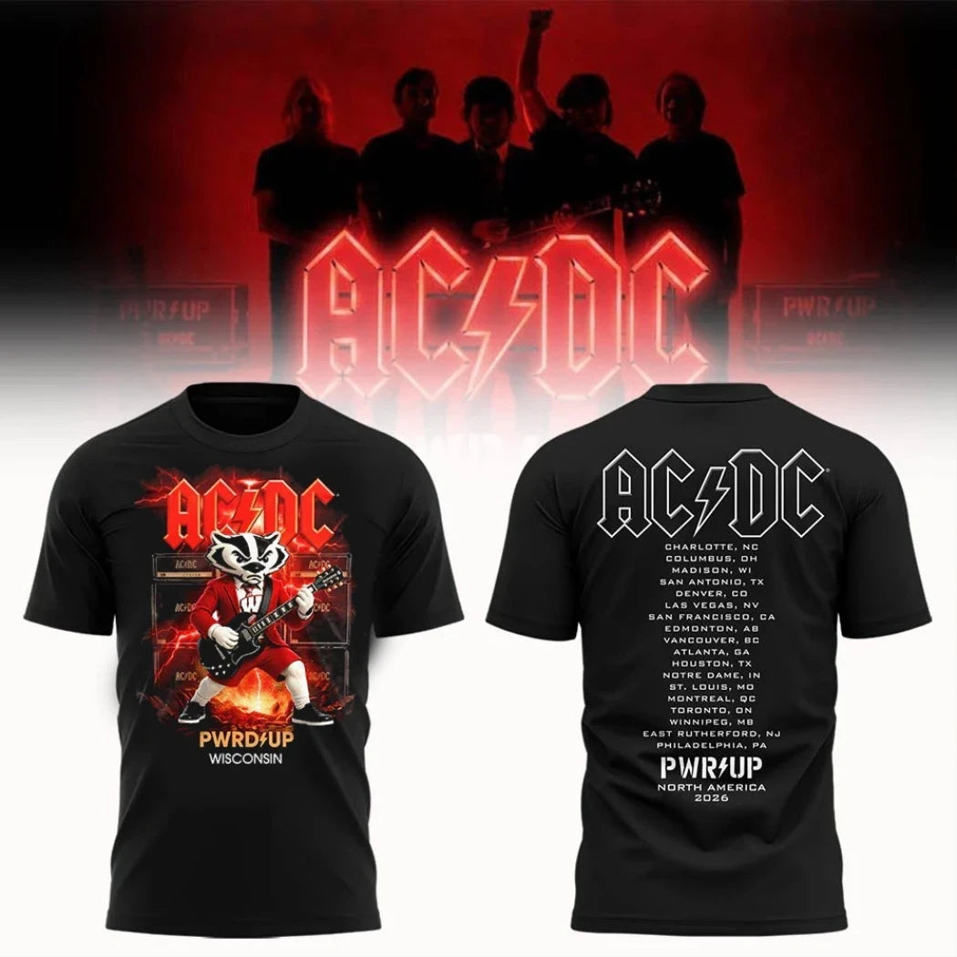 ACDC X Wisconsin Badgers Merch PWRUP North America Tour 2026 Concert Cities T-Shirt Fan Gear - Merchluma
