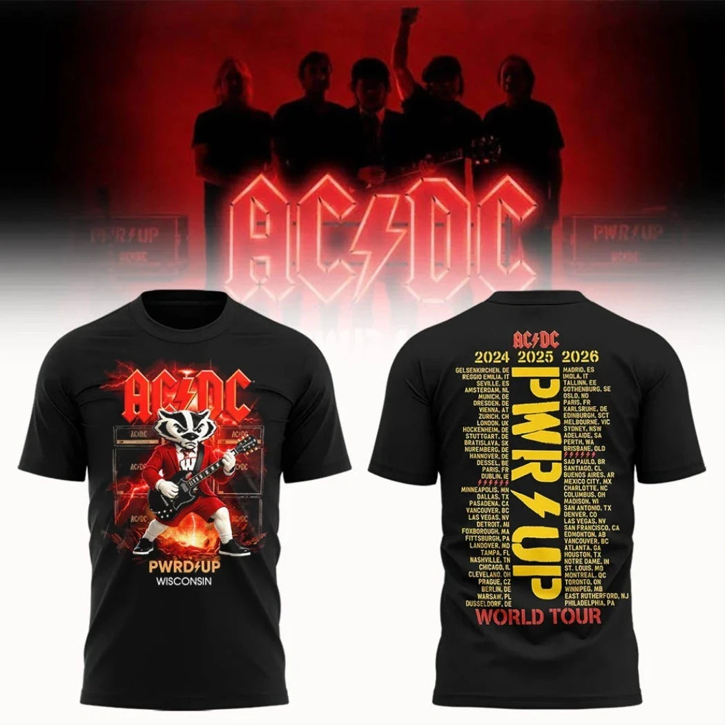 ACDC X Wisconsin Badgers Merch PWRUP World Tour 2024 2025 2026 Cities T-Shirt Rock Fan Apparel - Merchluma
