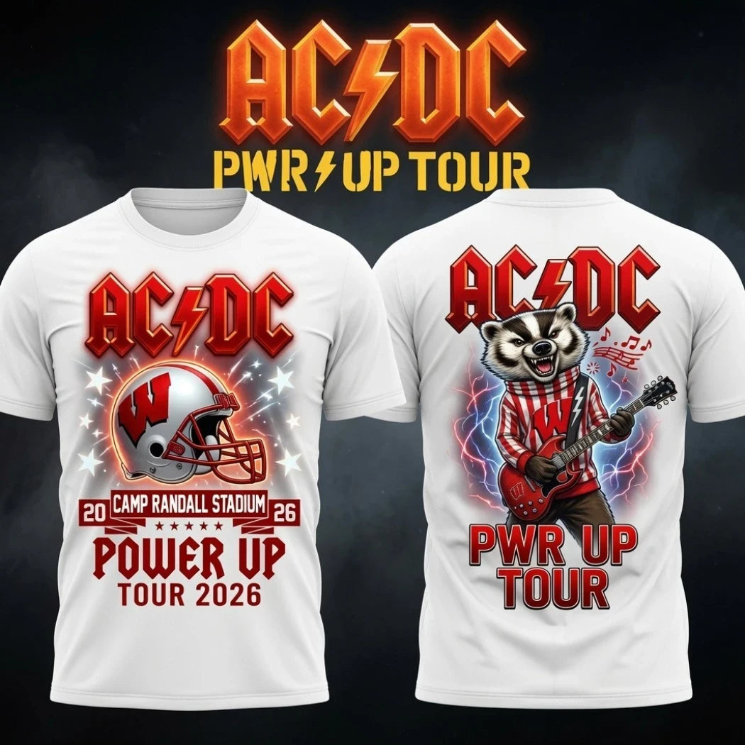 ACDC Tour Merch ACDC X Wisconsin Badgers Camp Randall Stadium July 19 2026 T-Shirt White - Merchluma