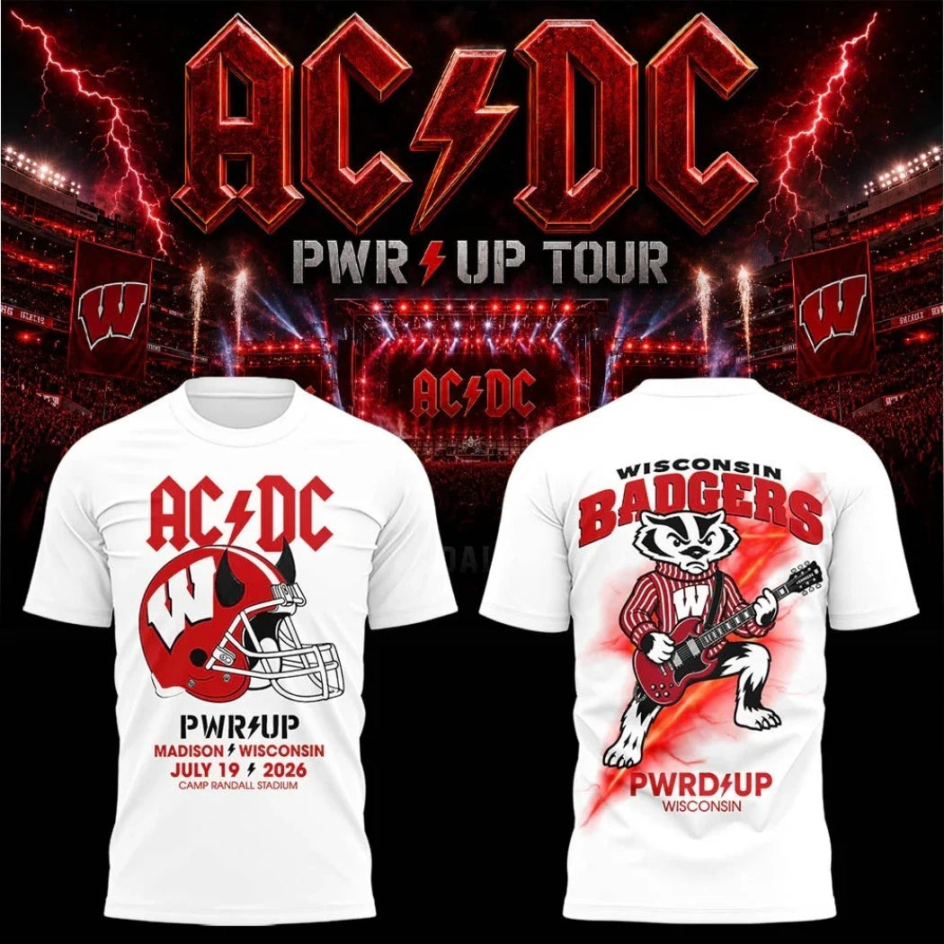 ACDC Wisconsin Badgers Camp Randall Stadium July 19 2026 White T-Shirt ACDC Power Up Tour Merch - Merchluma