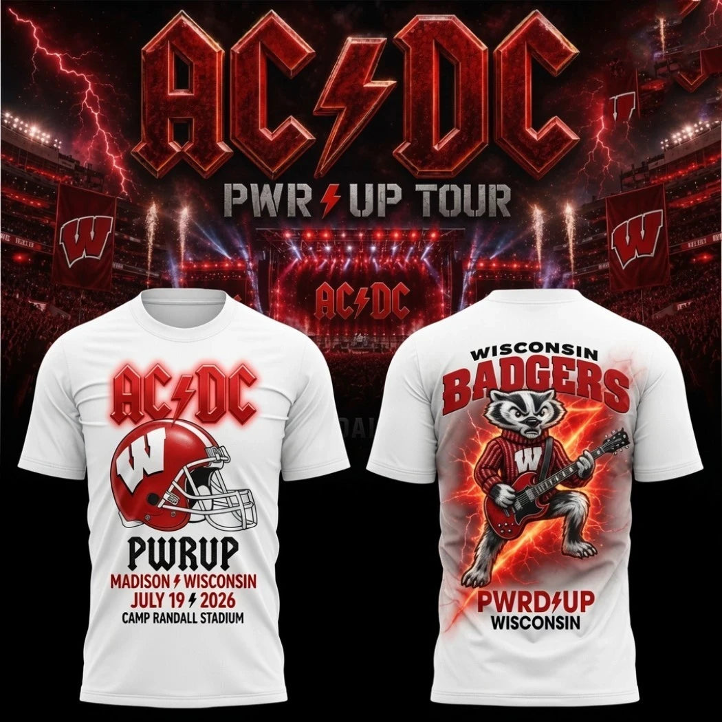 ACDC Wisconsin Badgers Merch Camp Randall Stadium 2026 PWRD UP White Concert Shirt Fan Apparel - Merchluma