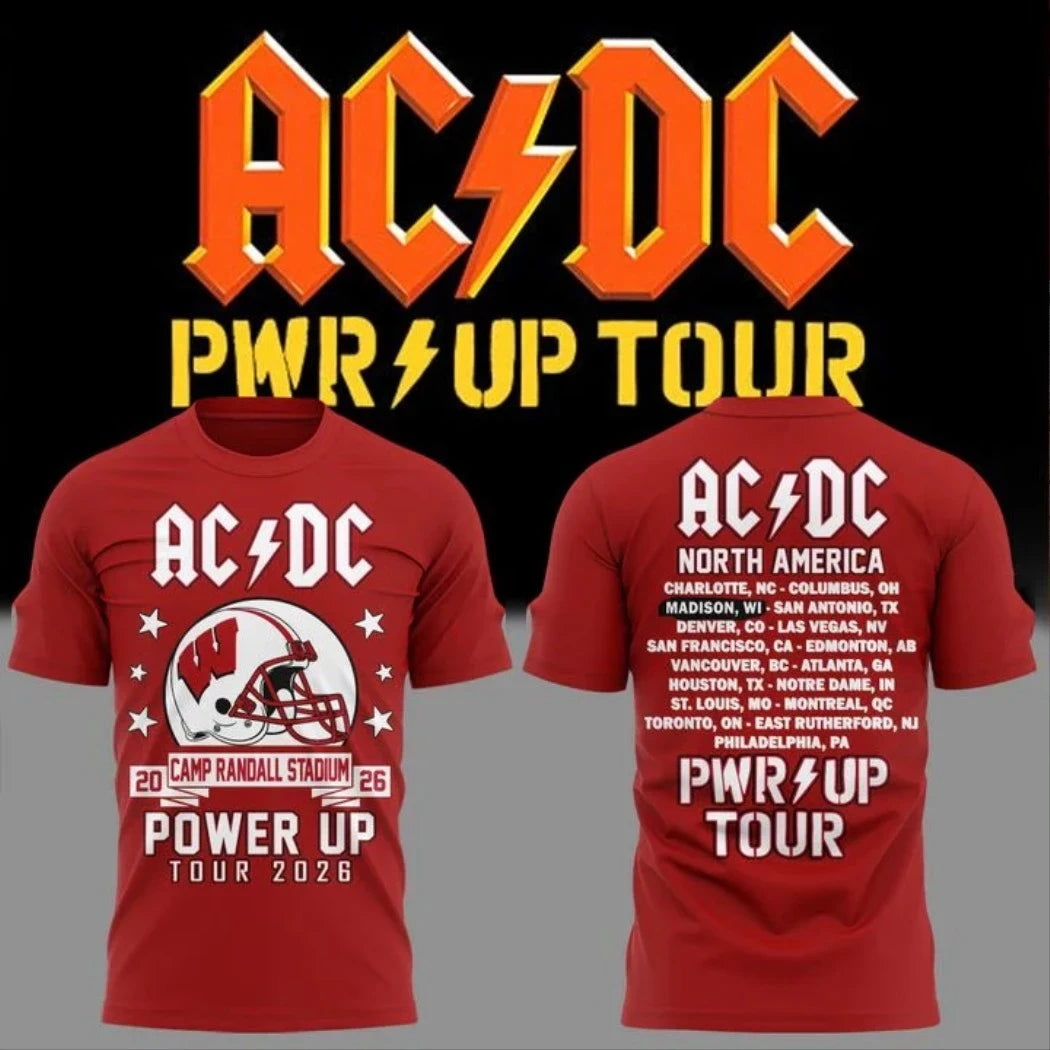 AC DC Wisconsin Badgers Merch Power Up Tour 2026 Camp Randall Stadium Concert Dates T-Shirt Red - Merchluma