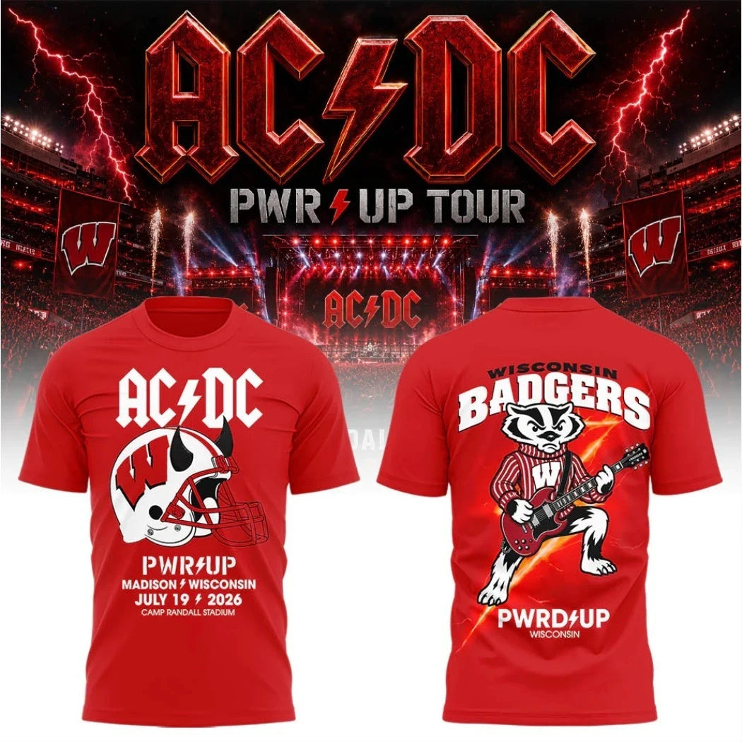 AC DC Wisconsin Badgers Merch Power Up Tour 2026 Camp Randall Stadium Red T-Shirt Fan Gifts - Merchluma