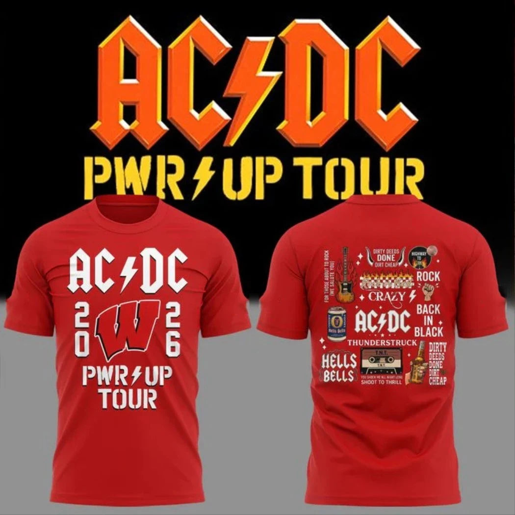 AC DC Wisconsin Badgers Merch Power Up Tour 2026 T-Shirt Red Big W Tracks Album Setlist Shirt - Merchluma