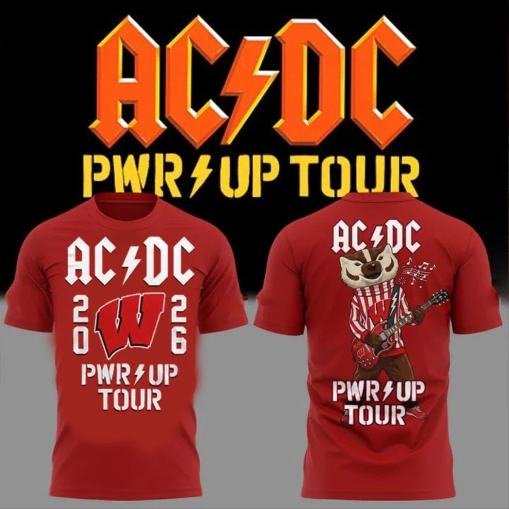 ACDC Wisconsin Badgers Merch 2026 PWR UP Tour Bucky Badger Red T-Shirt ACDC Concert Merch - Merchluma