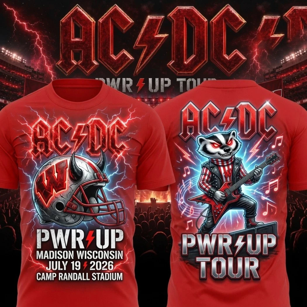 ACDC Wisconsin Badgers PWR UP Tour Merch 2026 Madison Camp Randall Stadium Bucky Rocker T-Shirt - Merchluma