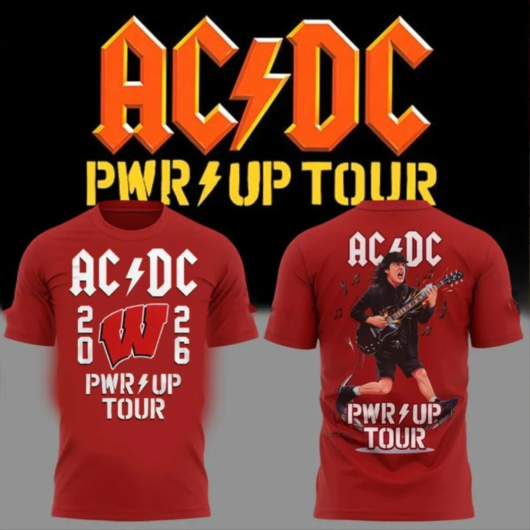 ACDC X Wisconsin Badgers Merch Red Angus Young Guitarist Motion PWRUP Tour 2026 Shirt Fan Gear - Merchluma