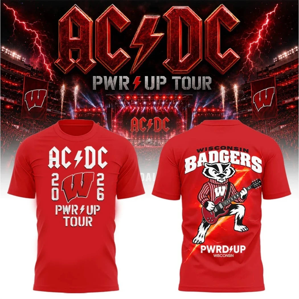 ACDC X Wisconsin Badgers Merch Red Bucky Badger Playing Guitar PWRUP Tour 2026 T-Shirt Fan Gift - Merchluma