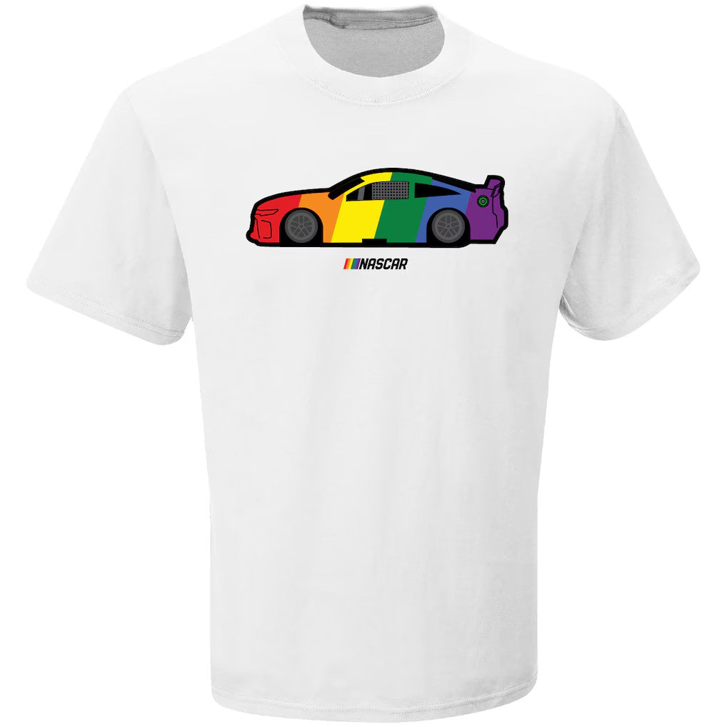 NASCAR Pride Merch 2026 NASCAR Checkered Flag White Rainbow Flag Car T-Shirt Racing Fan Gifts - Merchluma