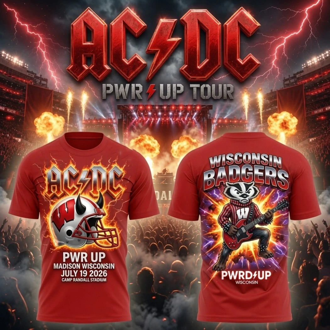 ACDC X Wisconsin Badgers Power Up Tour 2026 Madison T-Shirt AC DC Concert Merch Rock Fan Gifts - Merchluma