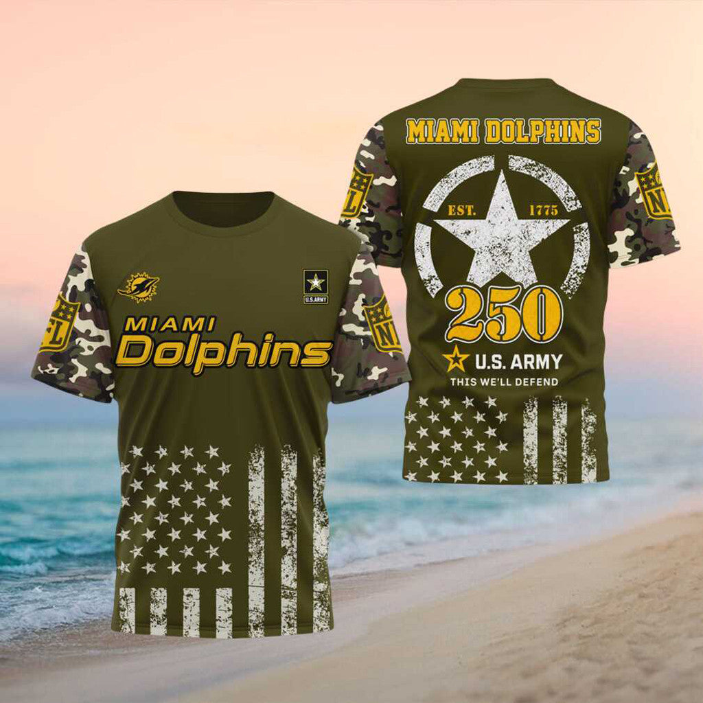 Miami Dolphins US Army 250th Anniversary T-Shirt 2026 Miami Dolphins Merch Gift For Veteran - Merchluma