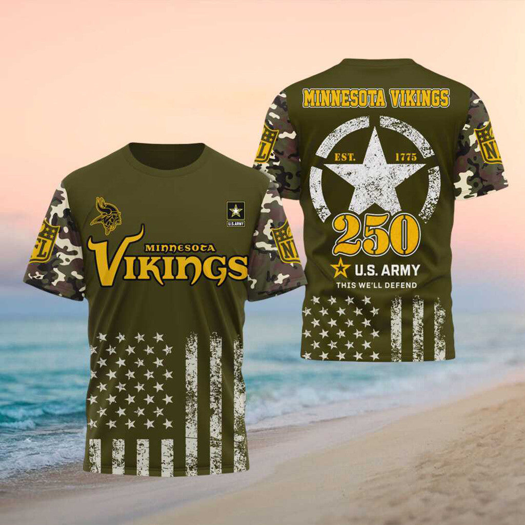 Minnesota Vikings US Army 250th Anniversary Retro T-Shirt MN Vikings Merch Military Gifts - Merchluma