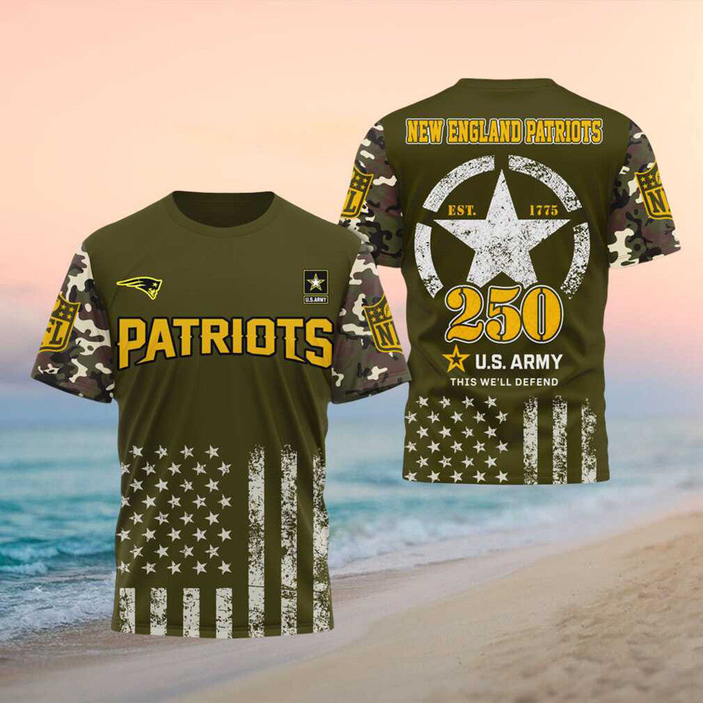 New England Patriots US Army 250th Anniversary 2026 Retro Shirt NE Patriots Merch Military Gift - Merchluma