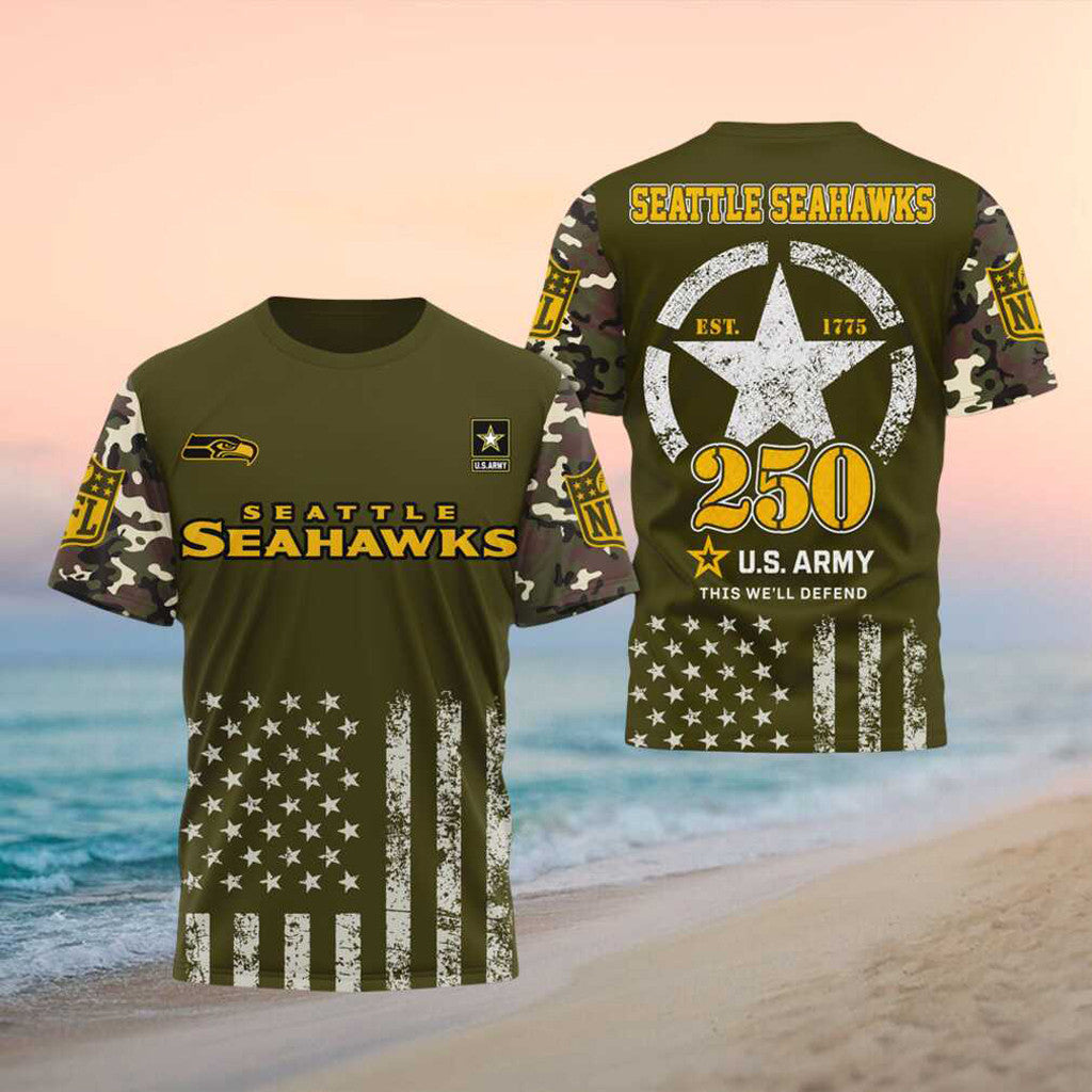 Seattle Seahawks US Army 250th Anniversary Shirt Seahawks Merch Football Fan Gift Ideas - Merchluma