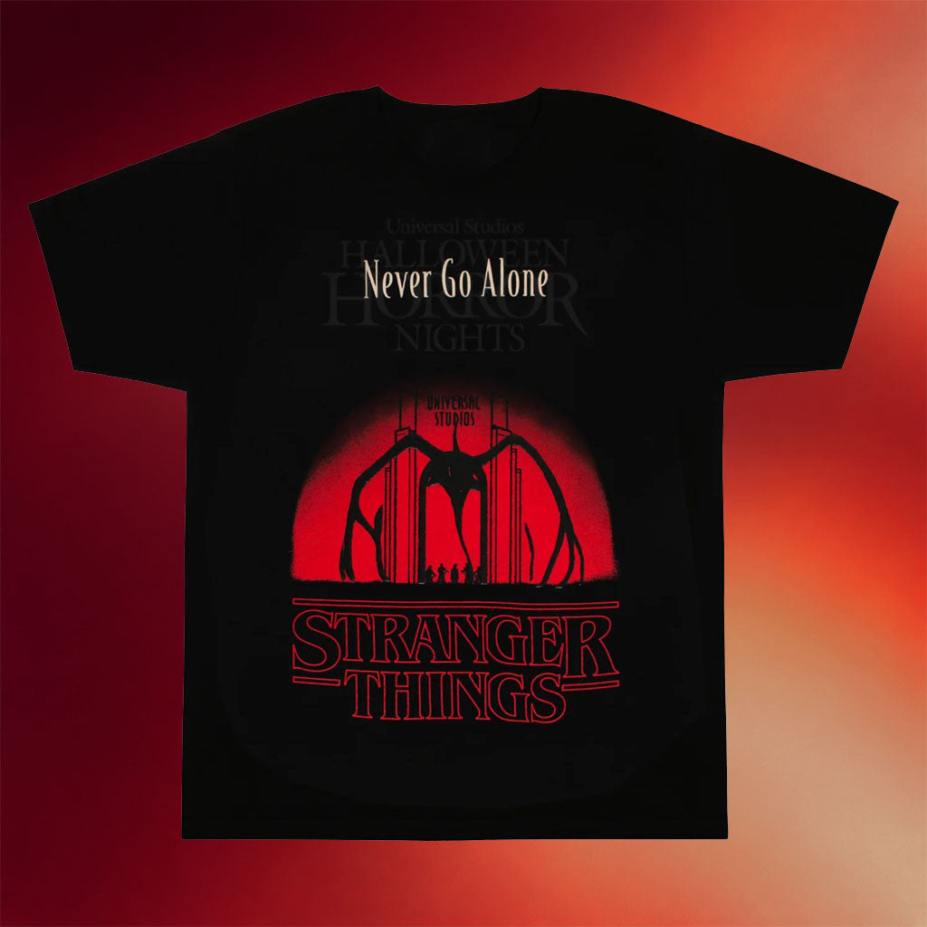 Halloween Horror Nights Merch 2026 Stranger Things S5 T-Shirt Never Go Alone Horror Fan Gifts - Merchluma