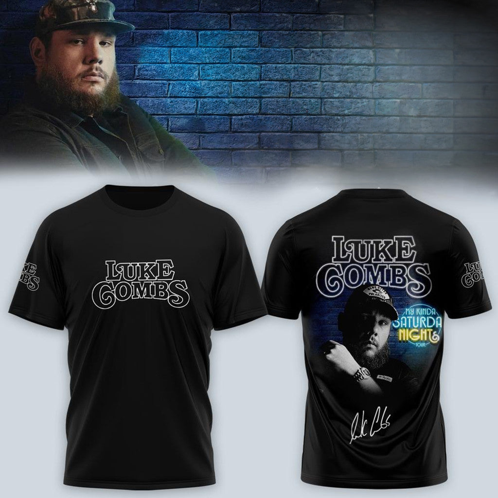 Luke Combs Tour Merch 2026 LC My Kinda Saturday Night Tour Signed Shirt Black Fan Apparel - Merchluma