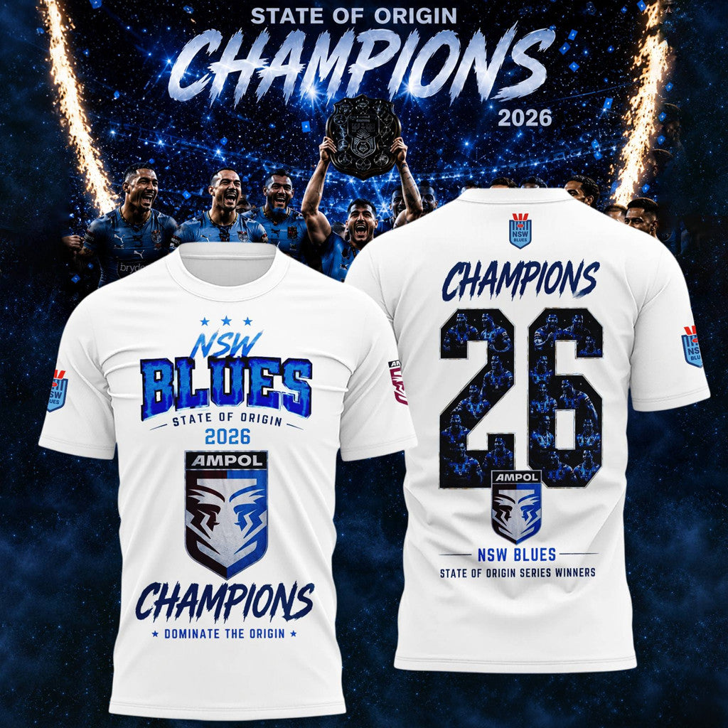 NSW Blues State Of Origin 2026 Champions T-Shirt White NSW Blues Merch Winners Shirt Fan Gifts - Merchluma