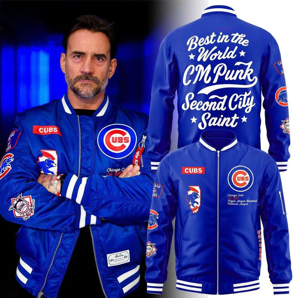 CM Punk Chicago Cubs Blue Varsity Jacket Best In The World Second City Saint CM Punk Merch - Merchluma