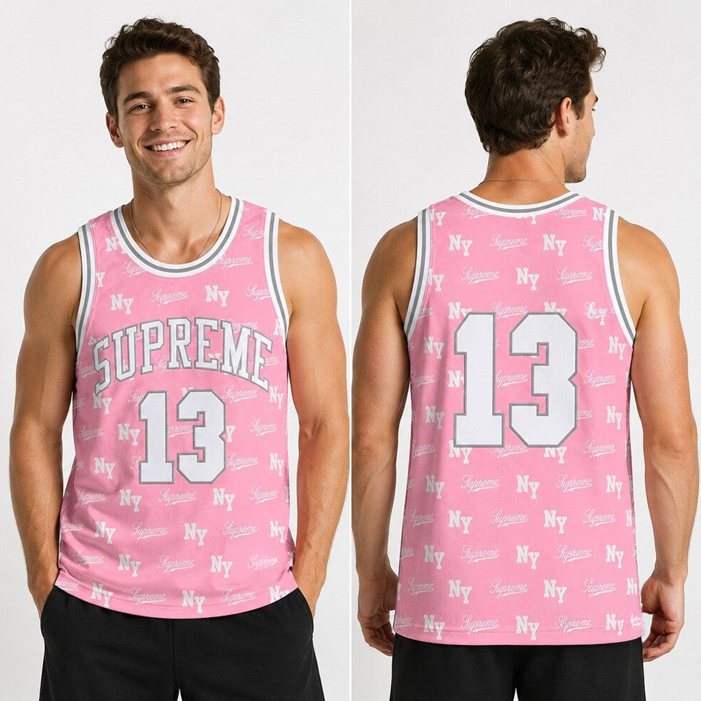 Supreme x Mitchell And Ness Monogram Basketball Pink Jersey #13 NY Supreme Merch Gifts - Merchluma