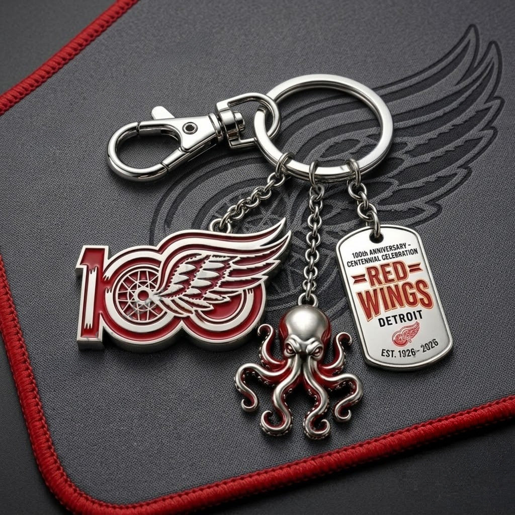 Detroit Red Wings 100th Anniversary Keychain 2026 Red Wings Merch Present For Hockey Lover - Merchluma