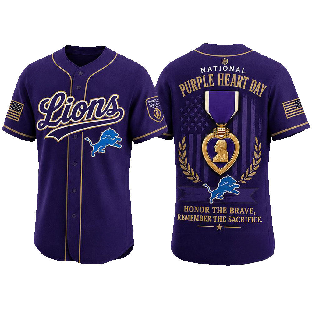 Detroit Lions 2026 Purple Heart Day Baseball Jersey Detroit Lions Merch Gift For Veteran Dad - Merchluma