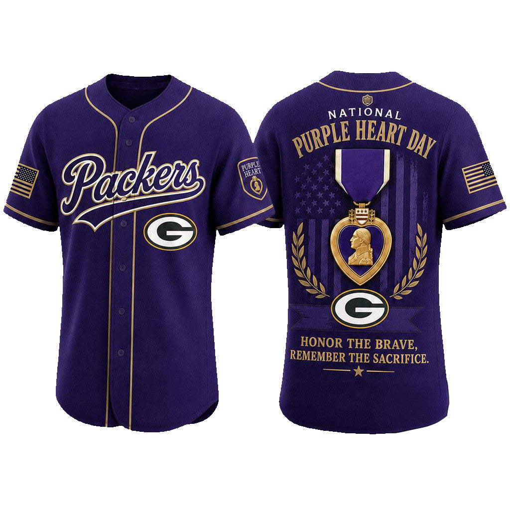 Green Bay Packers 2026 Purple Heart Day Baseball Jersey Packers Merch Gift For Military - Merchluma