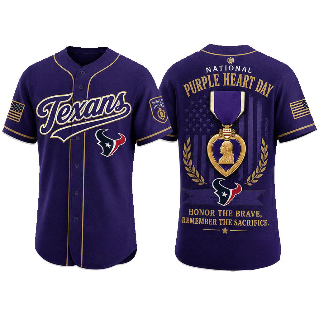 Houston Texans 2026 Purple Heart Day Baseball Jersey Houston Texans Merch Veteran Gifts - Merchluma