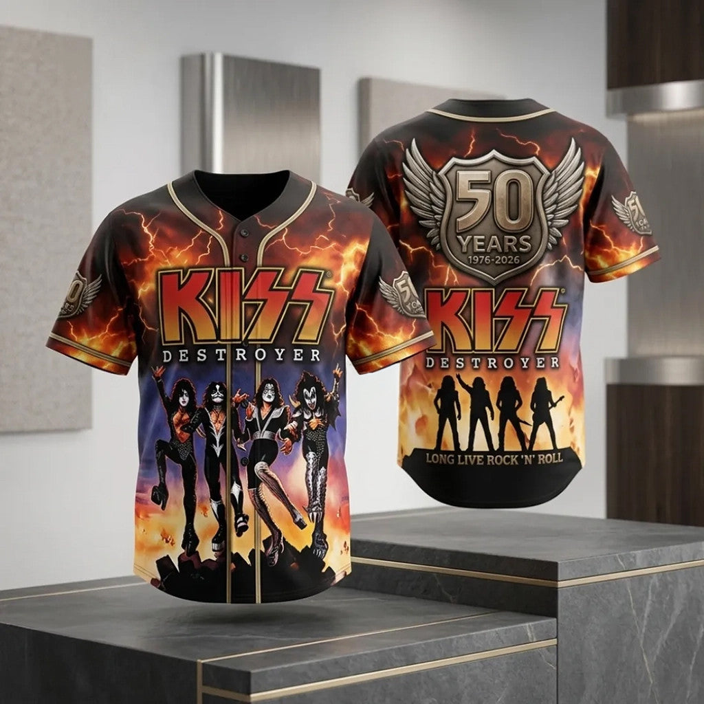 KISS Destroyer 50th Anniversary Black Baseball Jersey 2026 KISS Band Merch Gift For RnR Fans - Merchluma