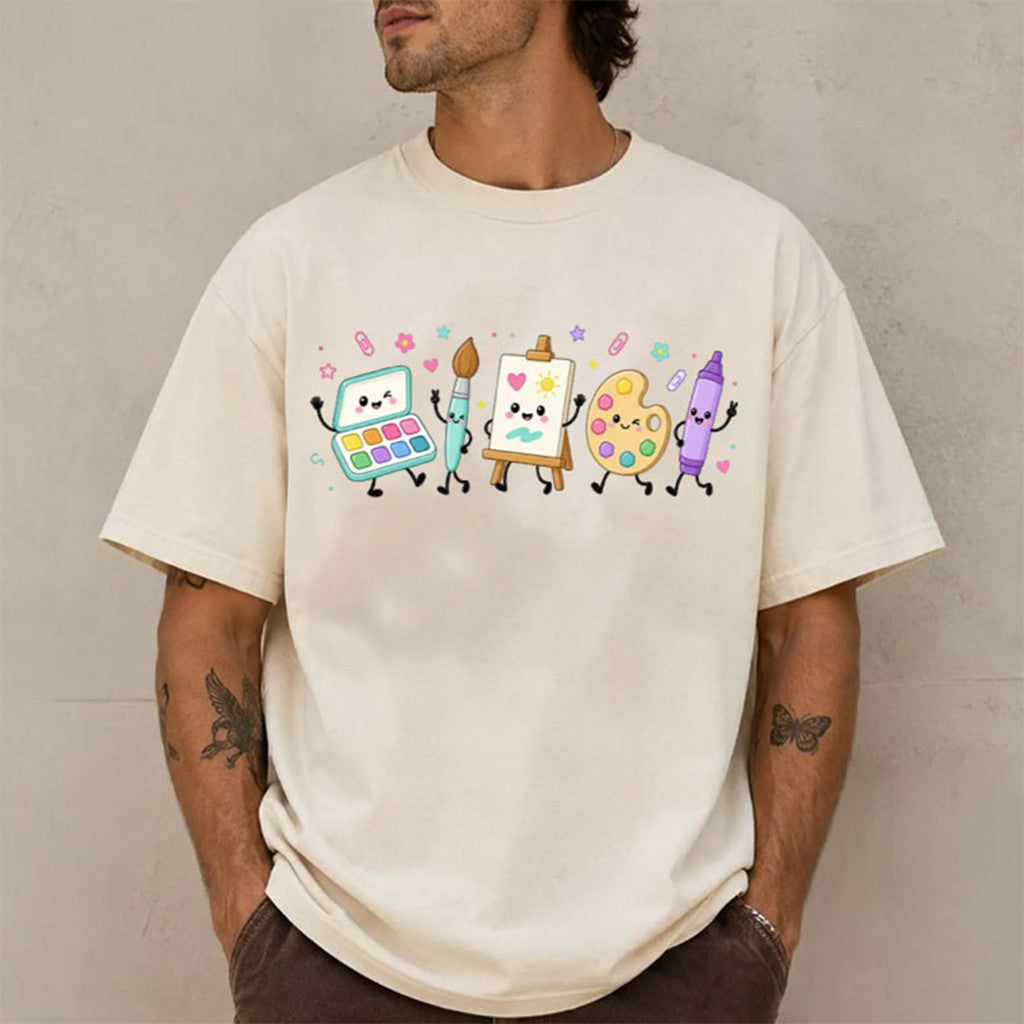 Art Teacher Kawaii Paint Brush Palette Crayon Art Class T-Shirt Back To School Gifts - Merchluma