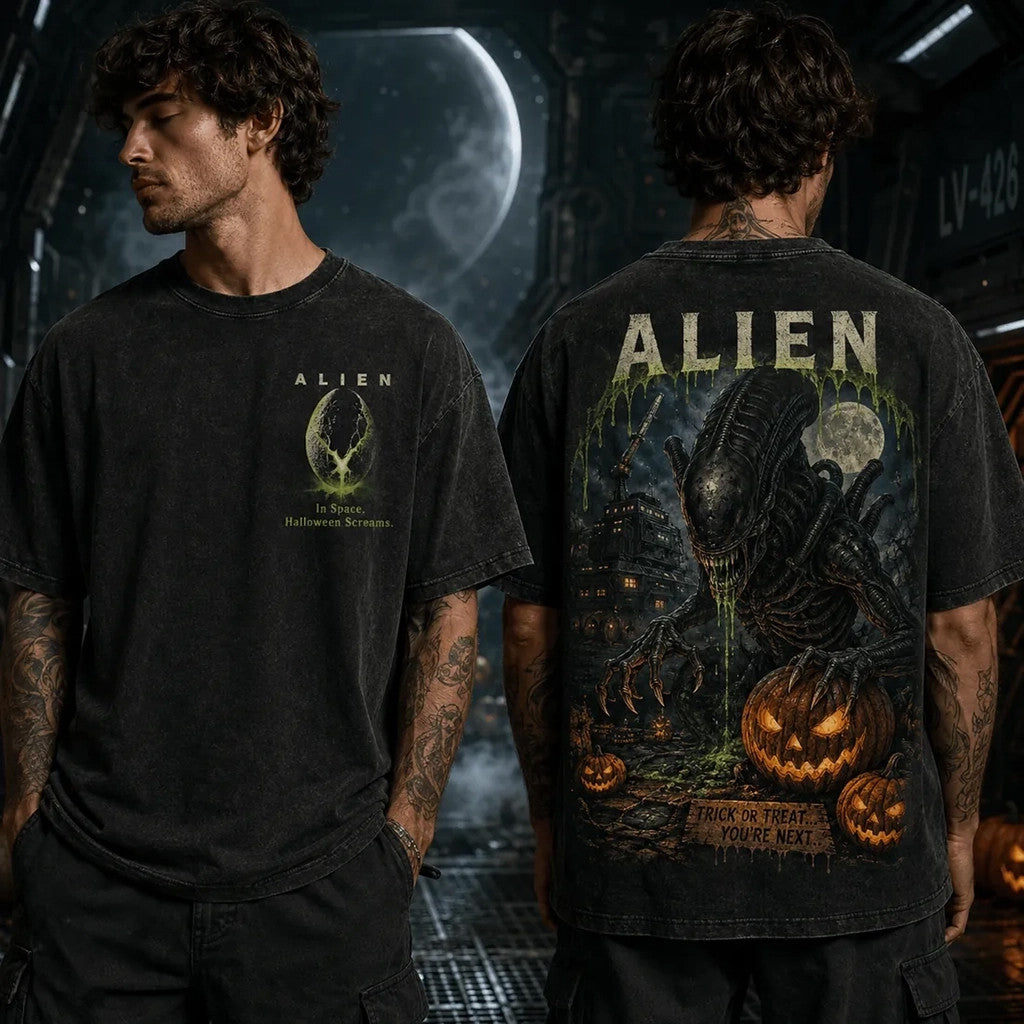 Alien Halloween Horror Pumpkin Wash T-Shirt 2026 Alien Movie Merch Trick Or Treat You're Next Shirt - Merchluma
