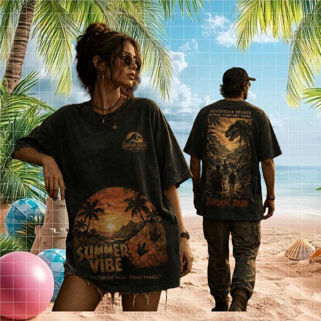 Jurassic Park Summer Vibe Tropical Sunset Adventure Movie Wash Shirt Jurassic Park Merch Fan Gifts - Merchluma
