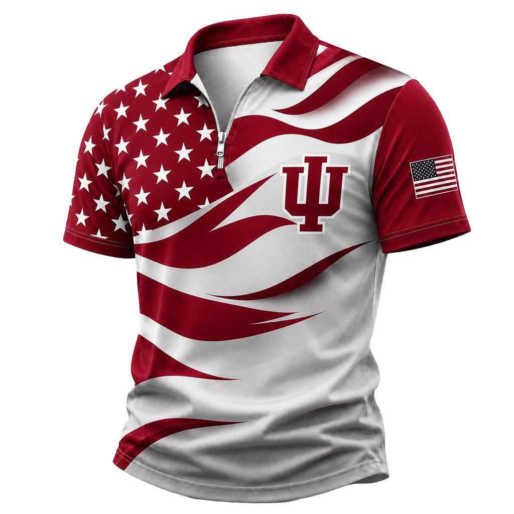Indiana Hoosiers Freedom Wave Zipper Polo Shirt USA Flag 2026 Indiana Hoosiers Merch Him Gifts - Merchluma
