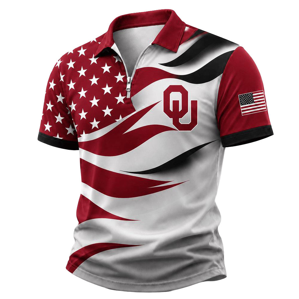 Oklahoma Sooners 2026 Freedom Wave Zipper Polo Shirt USA Flag Oklahoma Sooners Merch Fan Gifts - Merchluma