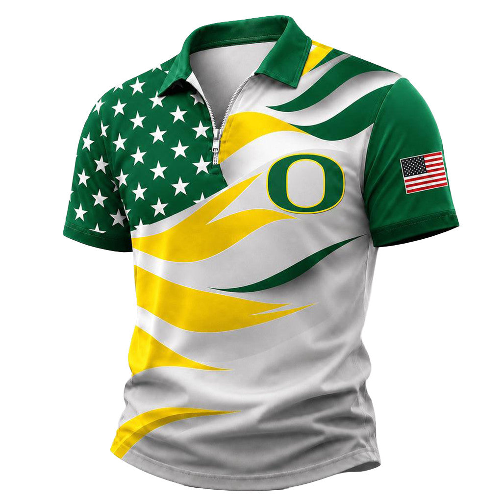 Oregon Ducks Freedom Wave Zipper Polo Shirt 2026 Oregon Ducks Merch Gifts For Husband - Merchluma