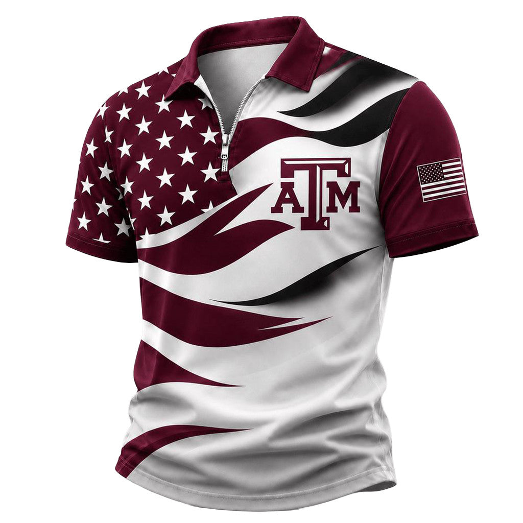 Texas A&M Aggies Freedom Wave Zipper Polo Shirt 2026 Texas A&M Aggies Merch Patriotic Gifts - Merchluma
