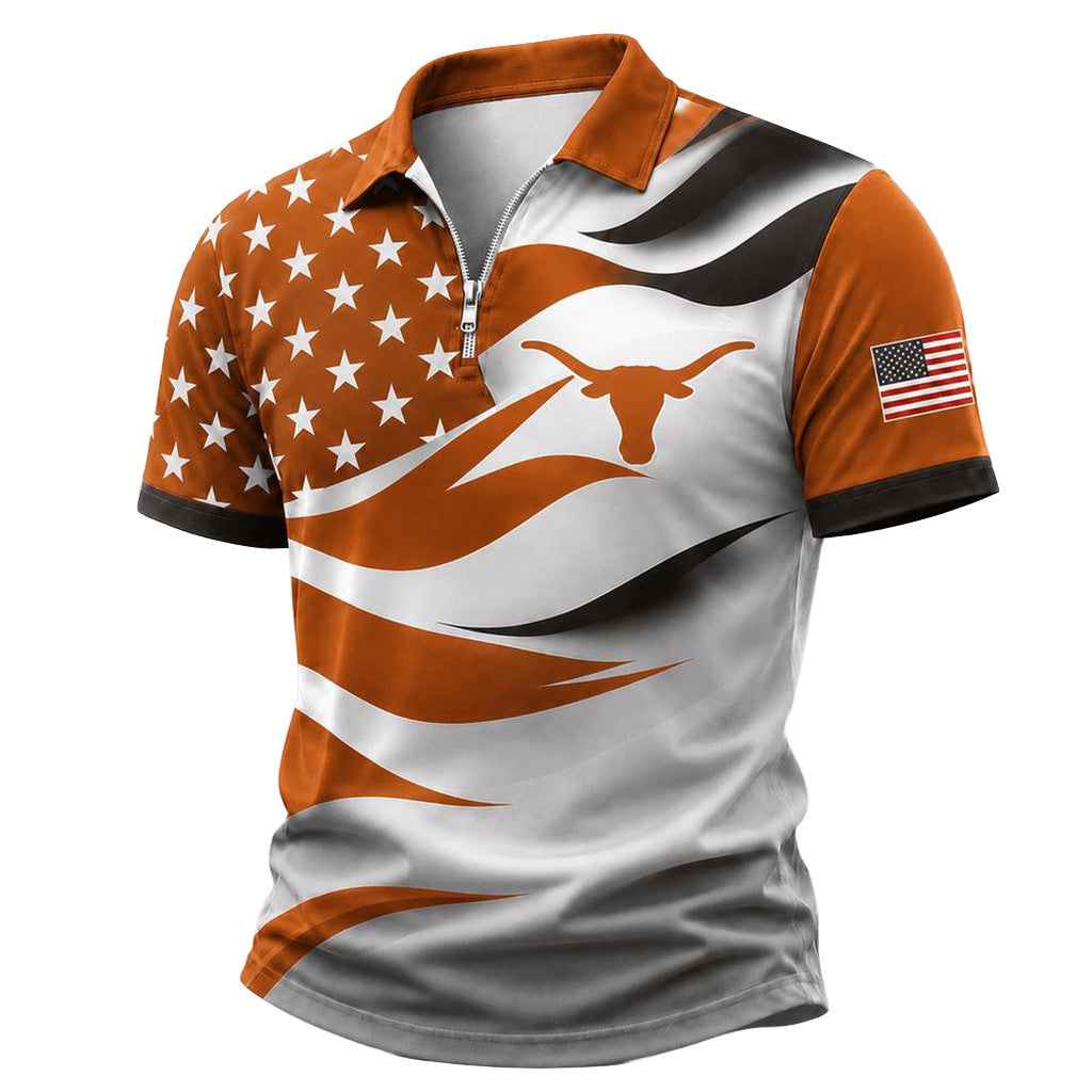 Texas Longhorns Freedom Wave Zipper Polo Shirt 2026 USA Flag Texas Longhorns Merch Best Gifts - Merchluma