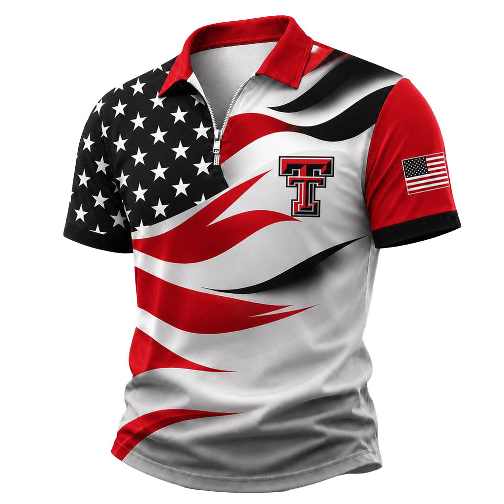 Texas Tech Red Raiders 2026 Freedom Wave Zipper Polo Shirt USA Flag Red Raiders Merch Men's - Merchluma