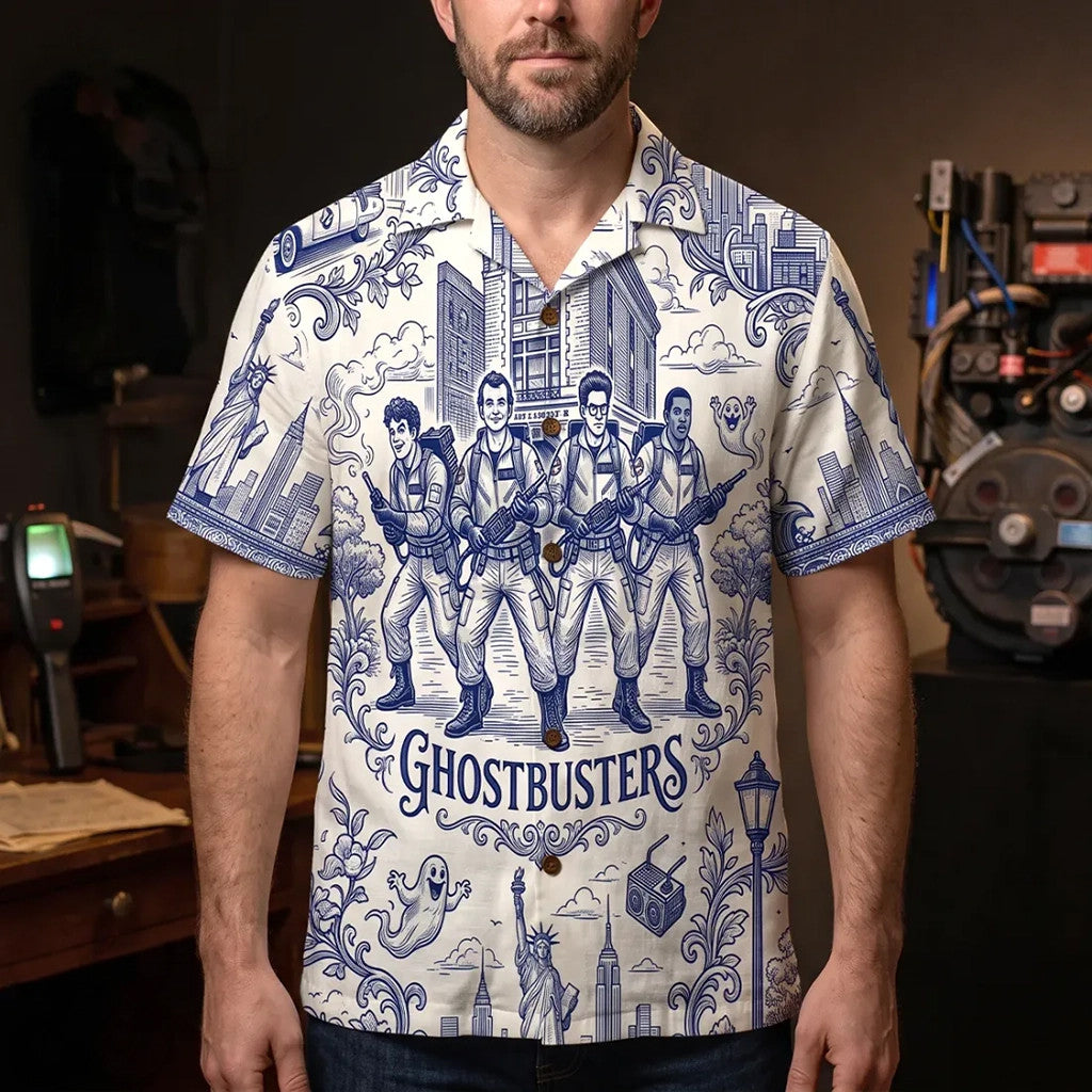 Ghostbusters Toile De Jouy Blue Hawaiian Shirt 2026 Ghostbusters Merch Gift For Husband - Merchluma