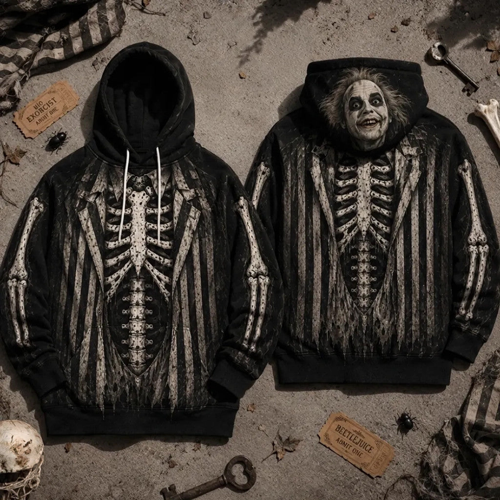Beetlejuice Illustrated Skeleton Costume Hoodie Beetlejuice Merch Halloween Apparel For Fans - Merchluma