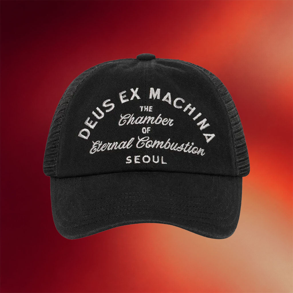 Deus Ex Machina Merch 2026 Seoul Script Address Trucker Hat Embroidered Gift For BFF - Merchluma