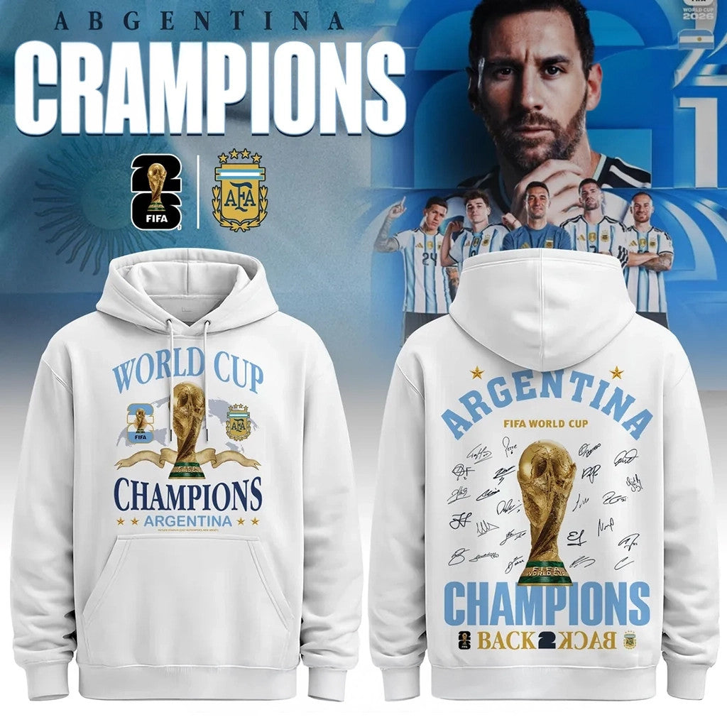 Argentina World Cup 2026 Champions Hoodie White Argentina Back To Back Champions Merch - Merchluma