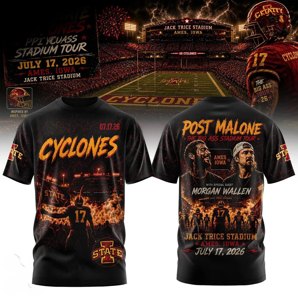 Post Malone Morgan Wallen Iowa State Cyclones 2026 T-Shirt The Big Ass Stadium Tour Merch - Merchluma