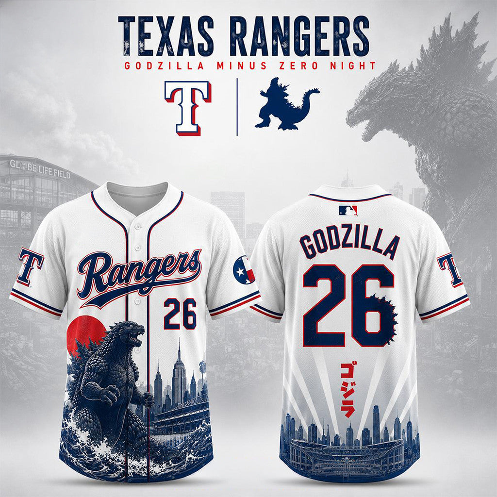 Texas Rangers X Godzilla Minus Zero Night 2026 Baseball Jersey Texas Rangers Merch Gifts - Merchluma